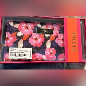Trina Turk Floral All Over Narcissus Large Zip Around Wallet in Pink and Black